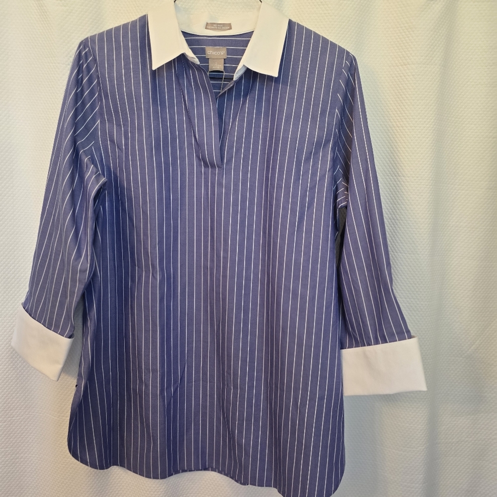 NEW Chico's No Iron Top, Dark Chambray Stripe, Size 2 (US 12/14)